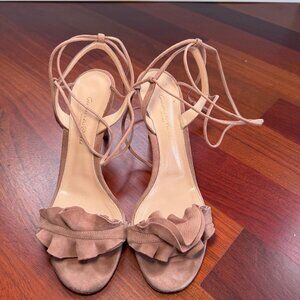 Gianvito Rossi Suede Lace Up Sandals Ruffle Strap Heels 39 Made in Italy